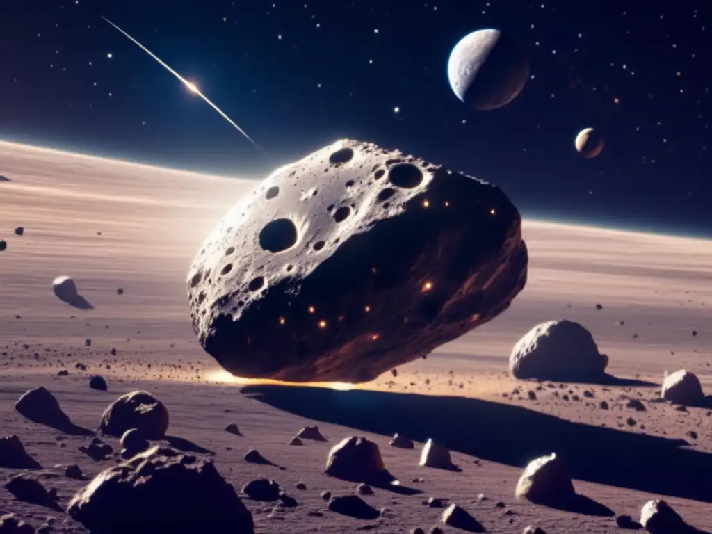 A mesmerizing image of an asteroid in space, with pits and craters dotting its surface as it orbits a planet in the background