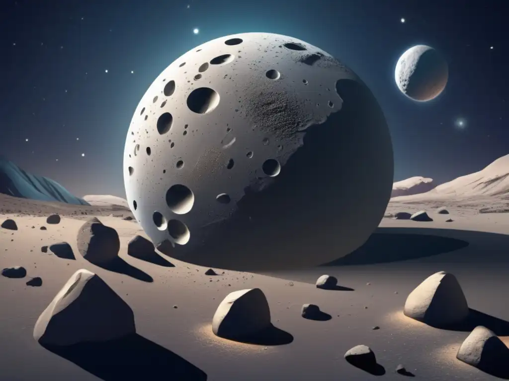 An intricate depiction of an asteroid's rocky terrain viewed from above, with a soft, gray color palette and subtle, unembellished cosmic background