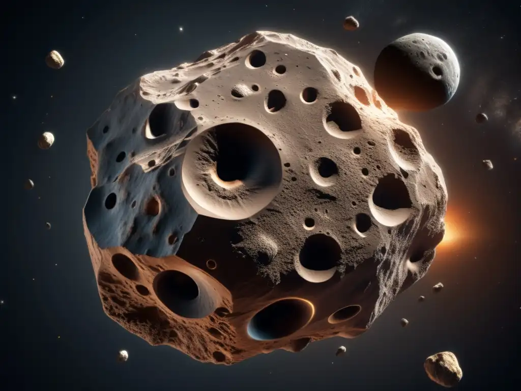 An ethereal view of an asteroid from above, capturing its rugged terrain in stunning detail