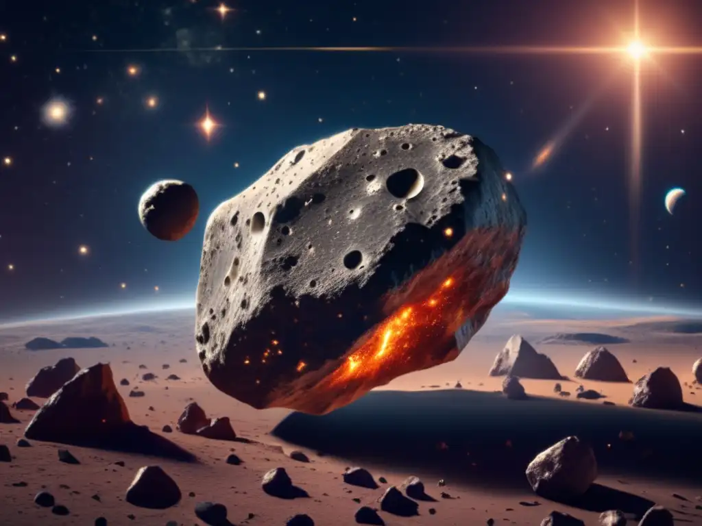 A stunning asteroid, jagged and rough, with impact marks and craters etched across its surface in this photorealistic image