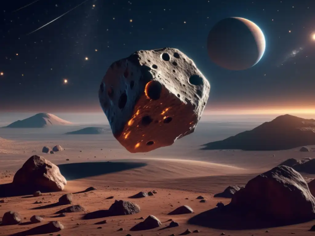 A stunning photorealistic depiction of asteroid 1991 VG, with its intricate and rugged surface dominating the foreground as it soars slightly above the horizon, framed against a backdrop of majestic stars and vast celestial bodies