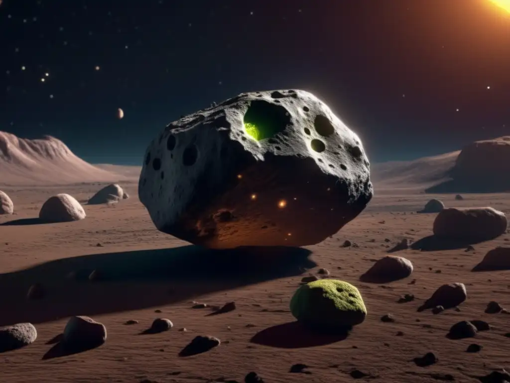 Chartreuse Cratered Asteroid Floating in Space - A mesmerizing asteroid, chartreuse in color with intricate surface textures of craters and rocks