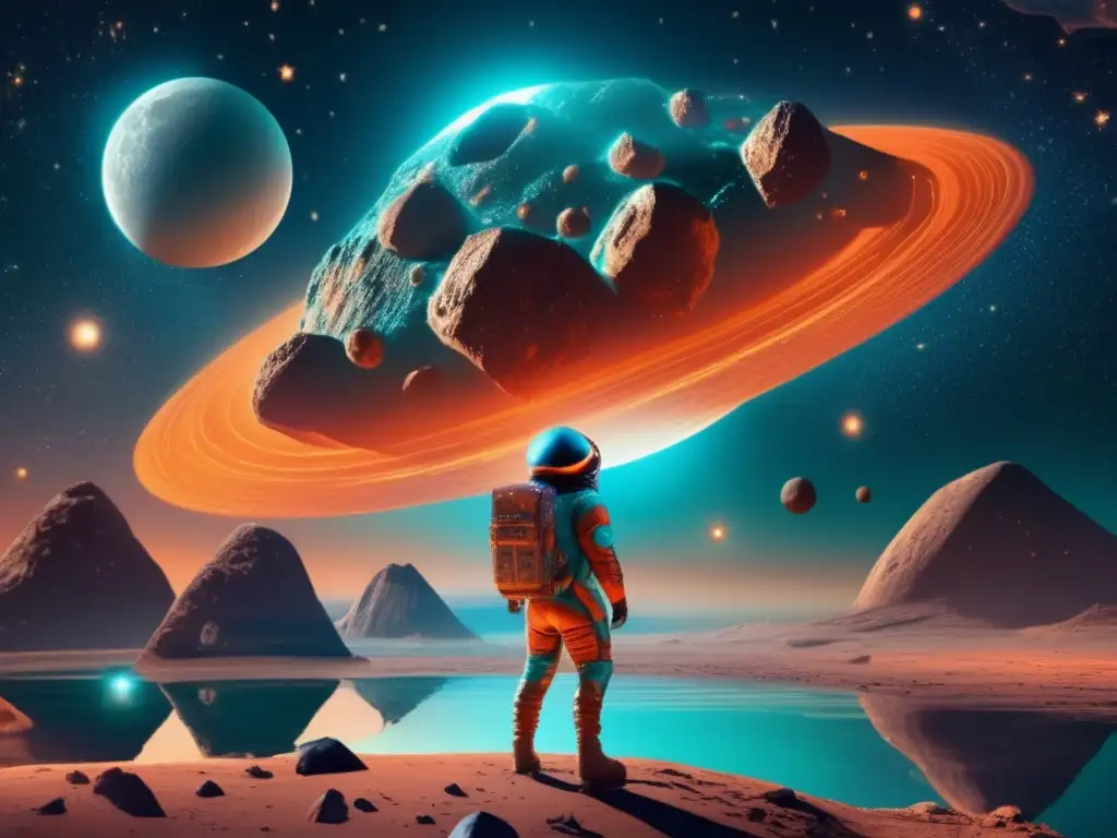 A mesmerizing photorealistic depiction of an ancient asteroid-like object floating in the sky against a backdrop of swirling stars and moon reflection