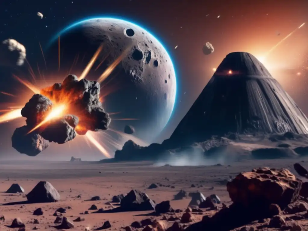 An enormous asteroid looms in the distance, with a targeting scope trained on its dark, rust-colored surface