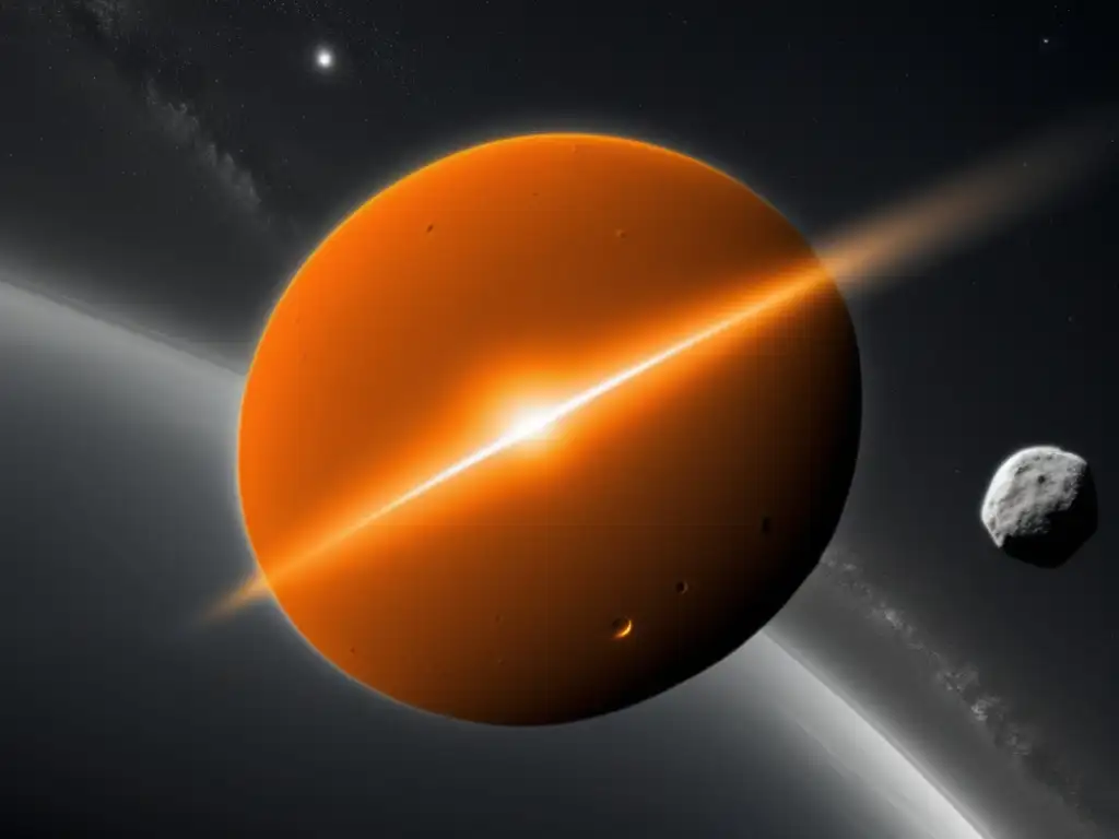 A dramatic black and white photorealistic image of the close encounter between the orange asteroid TC3 and Earth on October 7, 2008