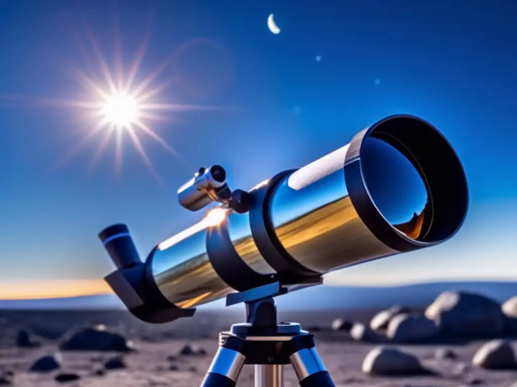 An breathtaking closeup of a telescope fixed on a bright asteroid, with the sun casting eerie shadows onto the landscape in the background