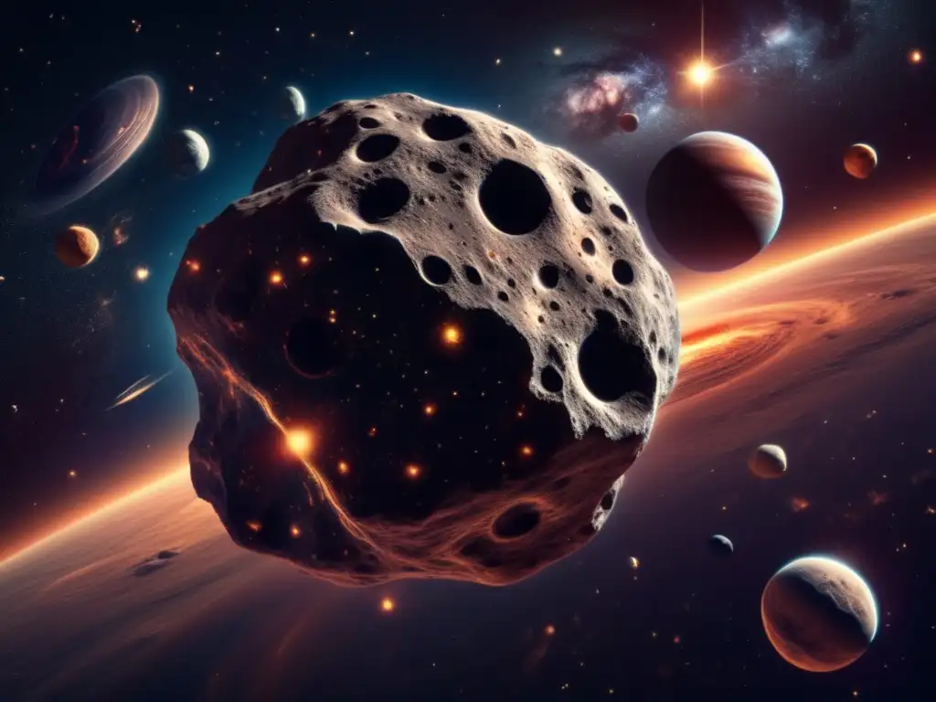 A breathtaking photorealistic image of a colossal asteroid with tendrils and debris floating in deep space, surrounded by multiple planets and stars, with nebulae and galaxies in the background