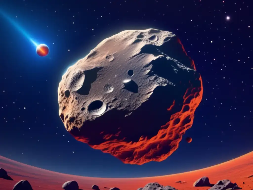 Asteroid Teucer, floating in the expanse of deep blue space, surrounded by a cloud of redorange dust
