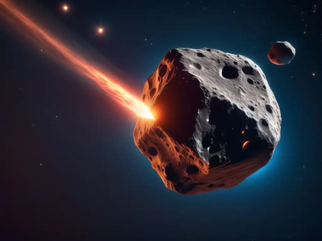 A stunning photorealistic depiction of Teucer, an asteroid sharply orbiting around a star, with its tail dramatically extending into the cosmos