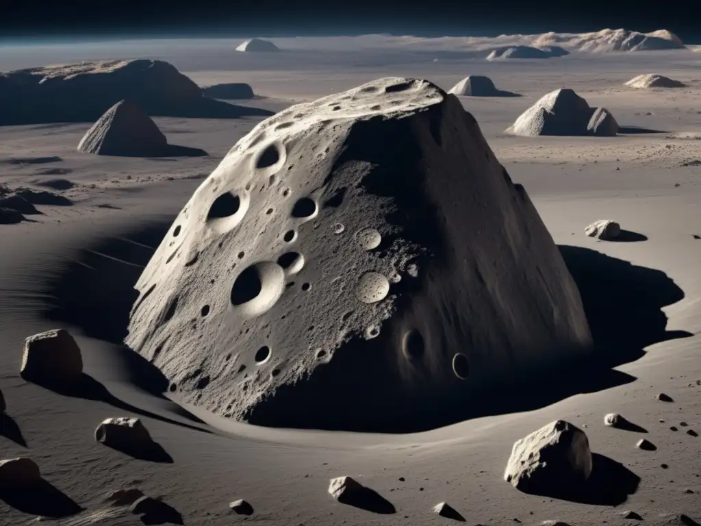 Captivating photorealistic depiction of Teucer asteroid, viewed from a low angle perspective