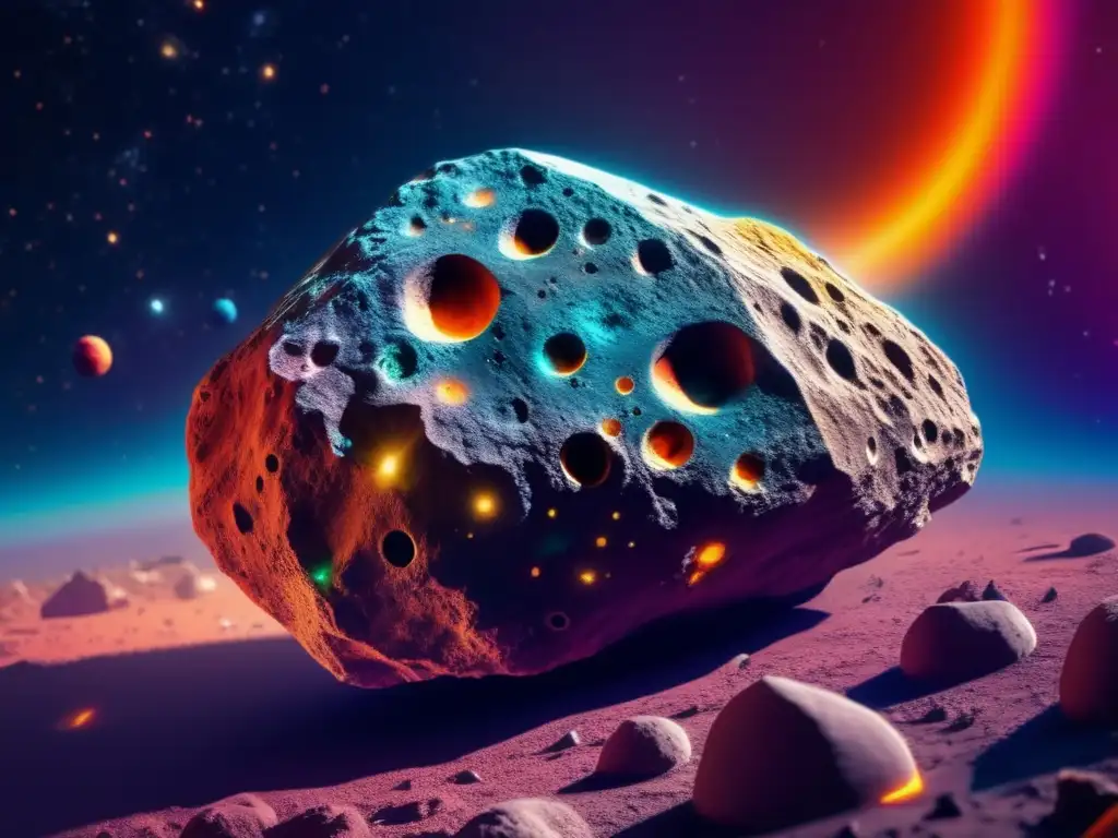 A breathtaking closeup photo of an asteroid, its intricate texture and rocky formations exposed through a myriad of bright, vibrant colors representing the elements that make up this unique celestial body, captured from the vantage point of a spaceship