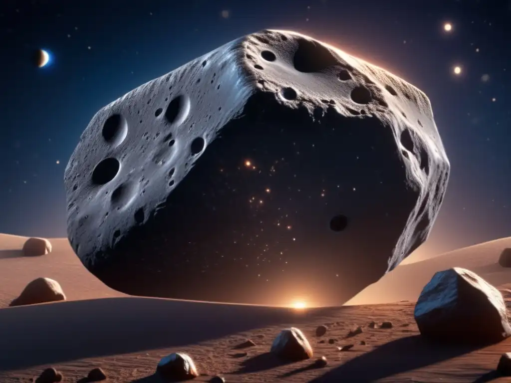 A photorealistic image of a small, dark asteroid with unique patterns on its surface, floating around a bright blue-white dwarf star