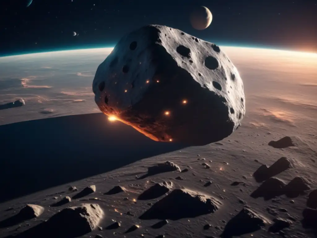 Gigantic Asteroid Goes Tilted: Stunning Space Closeup A humongous asteroid, tilted and ablaze with light, floats unsteadily in space with mesmerizing textures