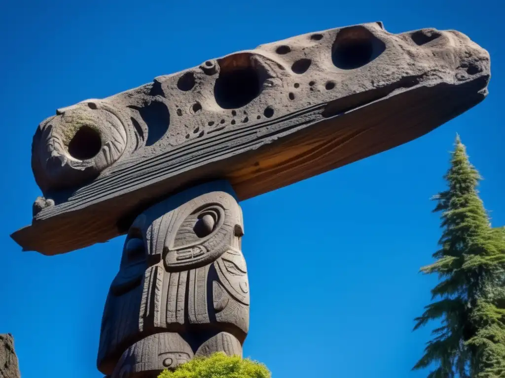 Dash: Asteroid Totem: Cosmic Cultures Connecting in Nature An intricate Pacific Northwest Native totem pole, surrounded by lush greenery and reaching towards the sky, stands tall in front of a clear blue sky