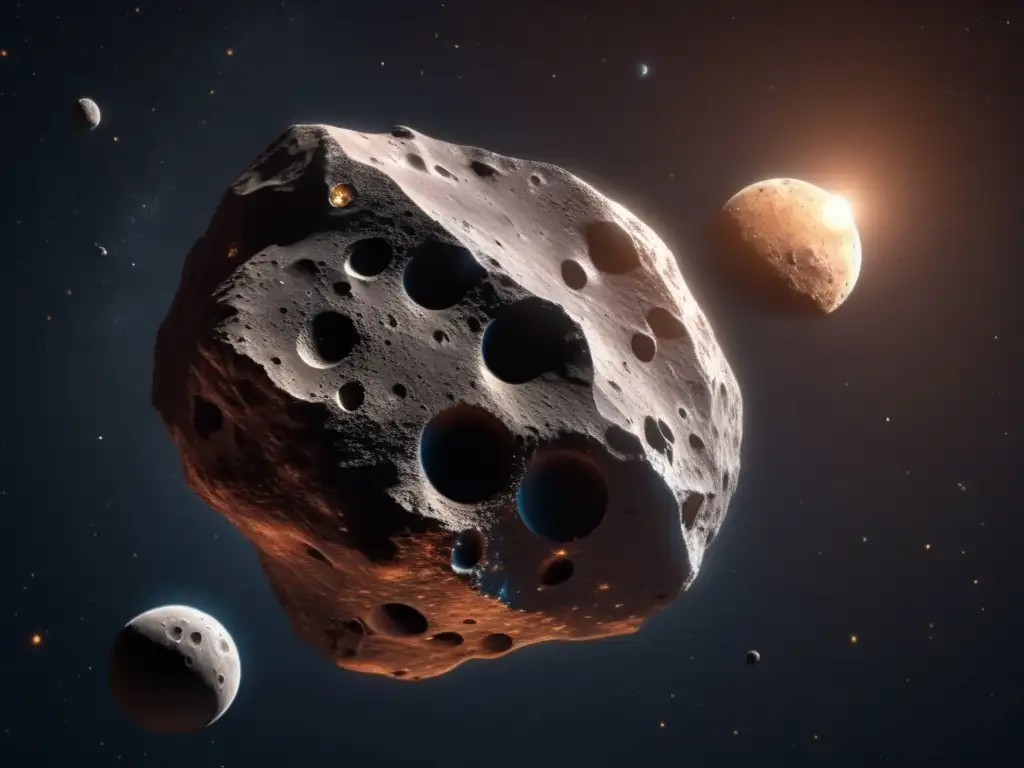 Awe-Inspiring Red Asteroid with Orbiting Moon - 8K Ultra-Detailed A breathtaking closeup photo captures the texture, shapes, and colors of an rocky asteroid with moon in 8K ultra detailed resolution