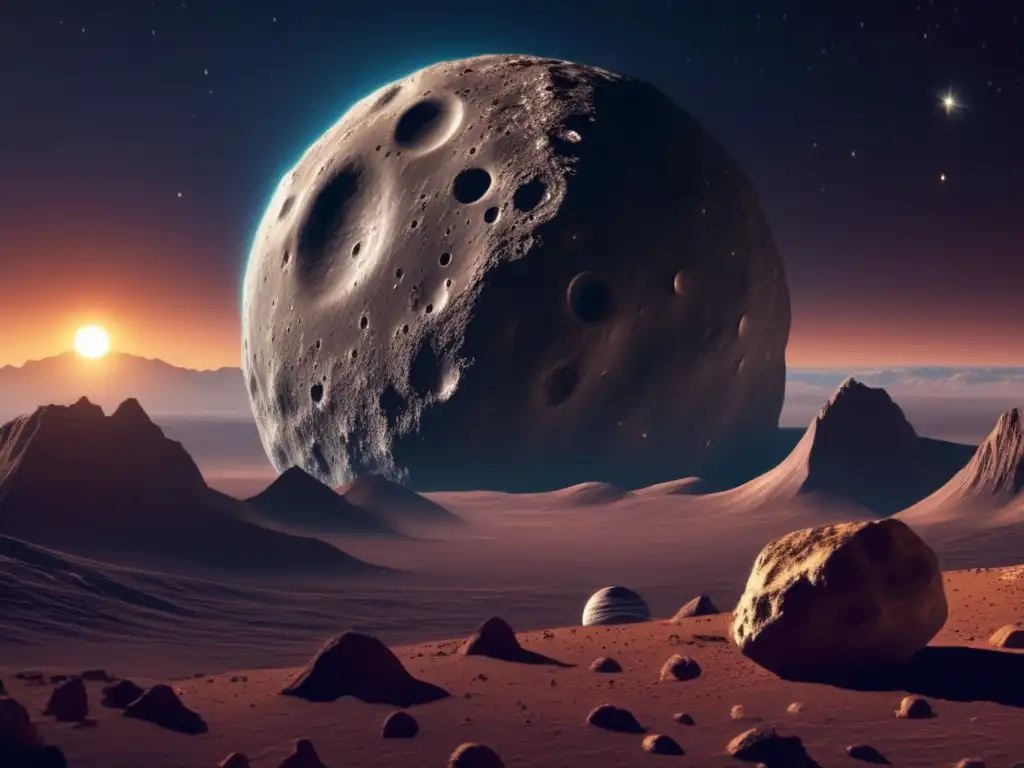 Asteroid Vesta's complex surface textured w/ridges, craters, and valleys, lit by distant sun's warm rays, creating an eerie and mysterious atmosphere