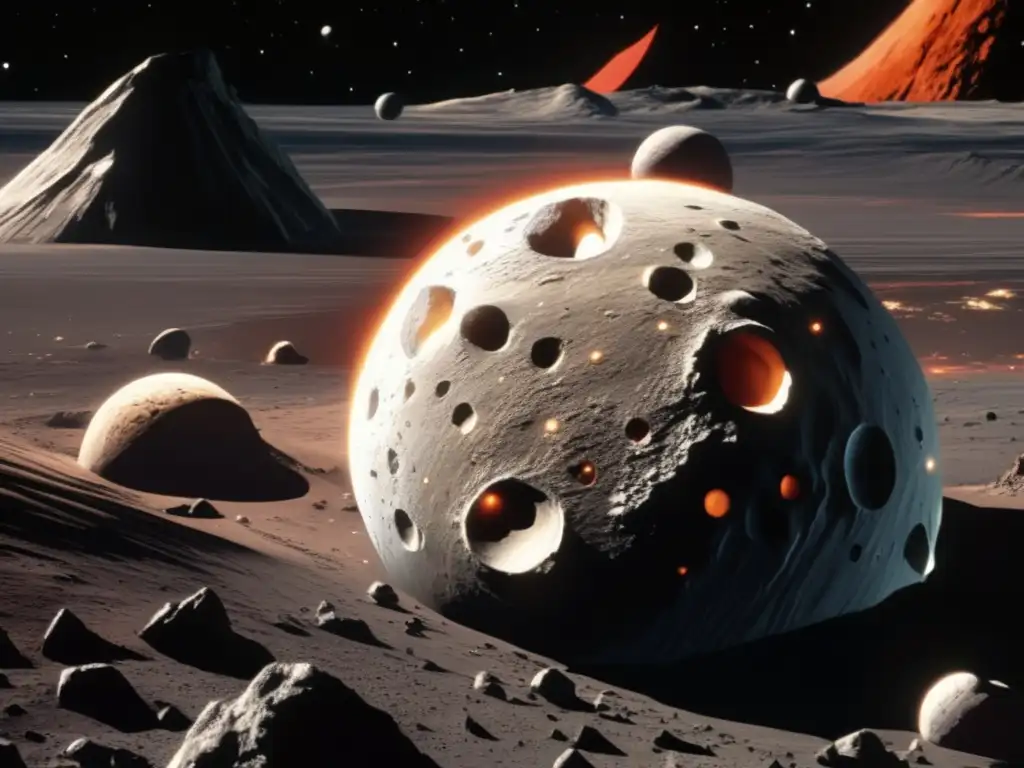 A photorealistic image of the surface of the asteroid from 'Flash Gordon' in descending order, illuminated by a nearby white, luminous planet