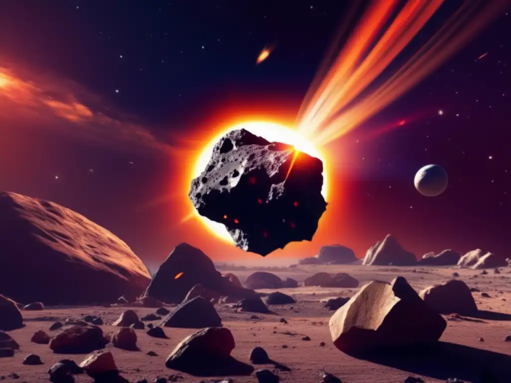 An otherworldly asteroid dominates a vibrant photograph of sprawling space debris
