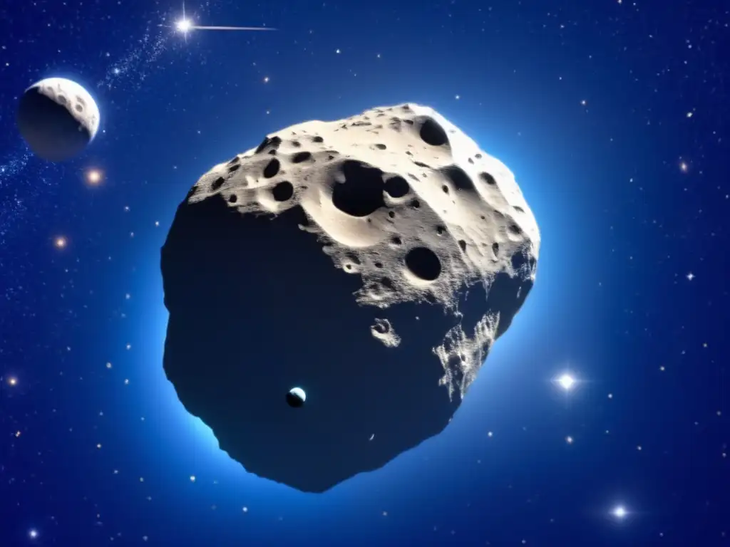 Greatness in Space: rugged 1620 Geographos Asteroid Clings to Orbit An image of rocky asteroid 1620 Geographos, tightly clinging to its orbit, showcases its rugged surface with a small jagged crater, in the deep blue space with stars and galaxies visible