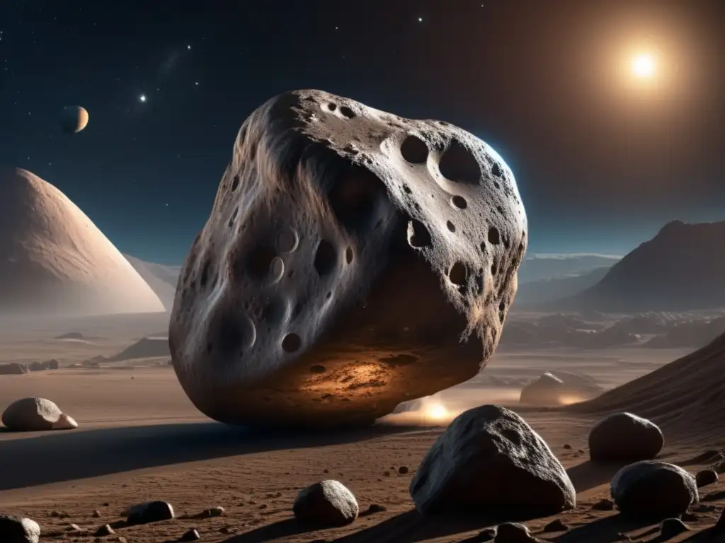 A captivating photorealistic depiction of asteroid 2014 MU69, showcasing its rugged terrain, craters, and intricate details in remarkable high resolution, inviting exploration and discovery