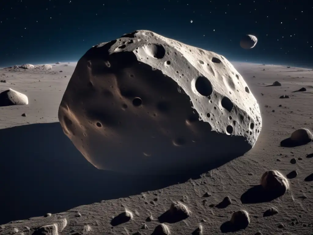 A stunning photorealistic image of the asteroid 2018 LA featuring its intricate, irregular shape, deep craters, and rocky terrain