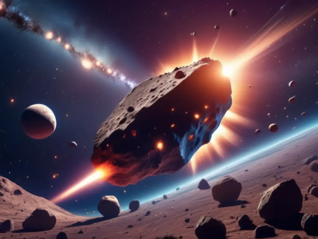 Asteroid Armageddon: A Gigantic Threat in the Cosmos? A breathtaking 8k resolution image of a colossal asteroid, the size of a moon, photographed in the midst of a violent explosion of smaller asteroids