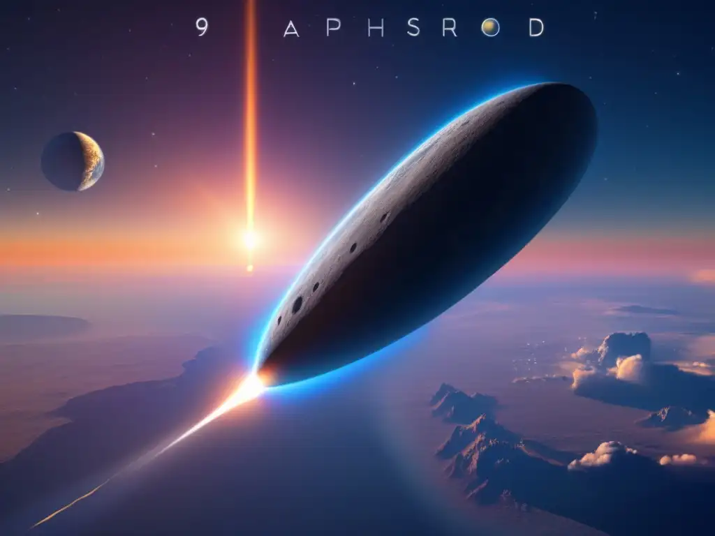 A breathtaking view of Photorealistic Asteroid 99942 Apophis hovering above Earth's atmosphere during a mesmerizing sunrise