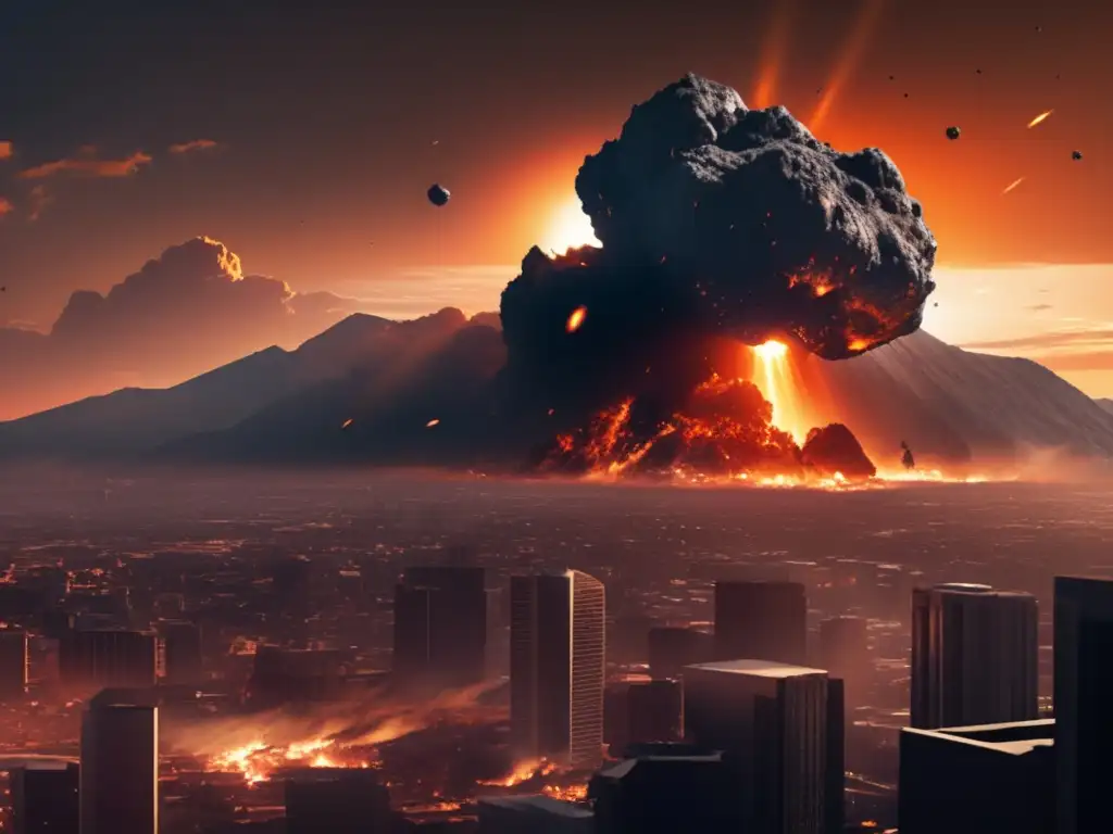A devastating photorealistic image of Achilles, the asteroid, crashing into a bustling city, shattering buildings, cars, and lives