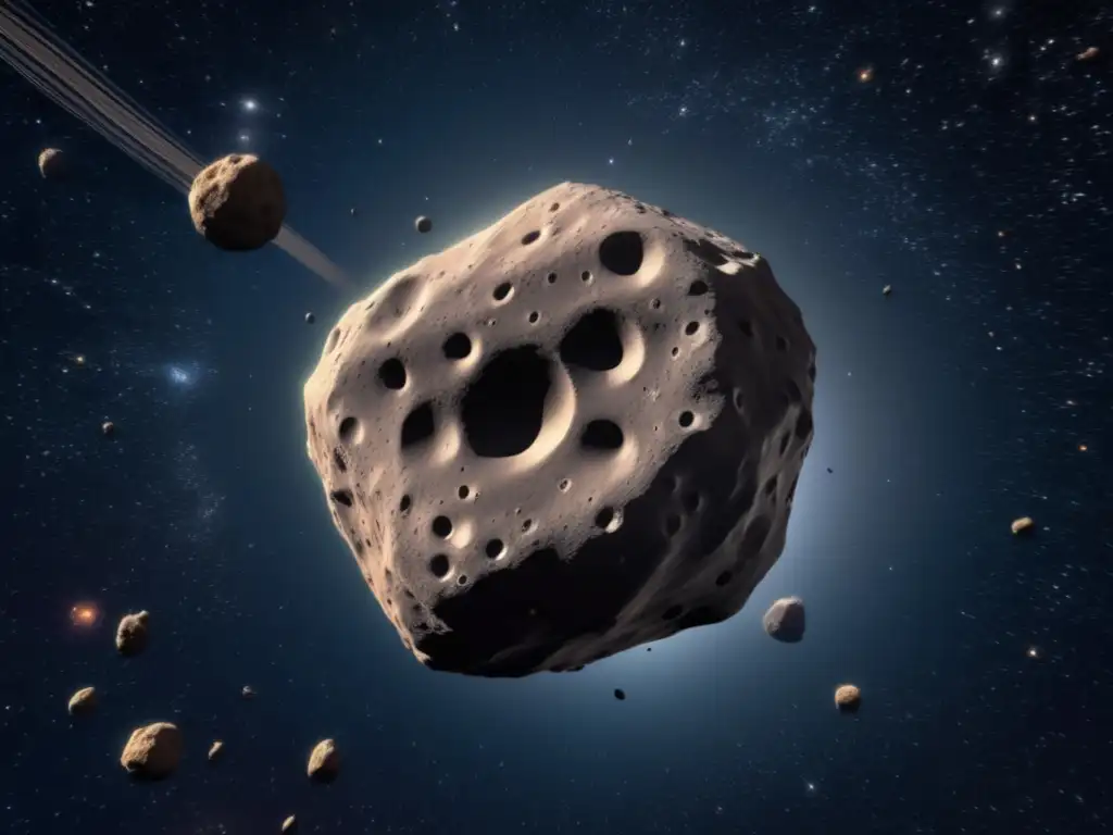 Asteroid Achilles, 20 kilometers in diameter, in orbit, surrounded by a field of asteroids and meteors against the vastness of space
