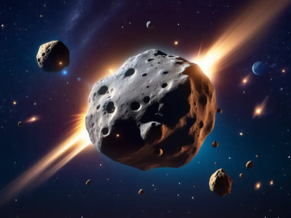 A sterling portrayal of Asteroid Amphitrite, jutting out against a celestial void, its icy fragments scattered splendidly around
