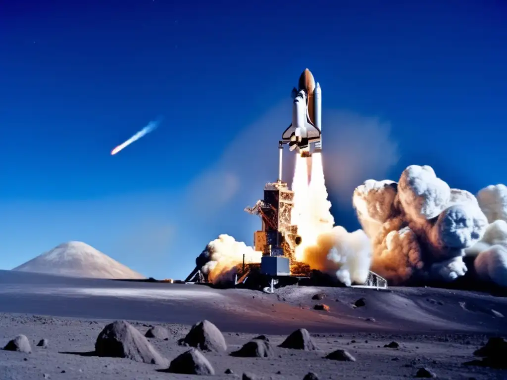 A highly detailed image of a rocky asteroid with glowing scientific instruments, looming in the background against a vibrant blue sky
