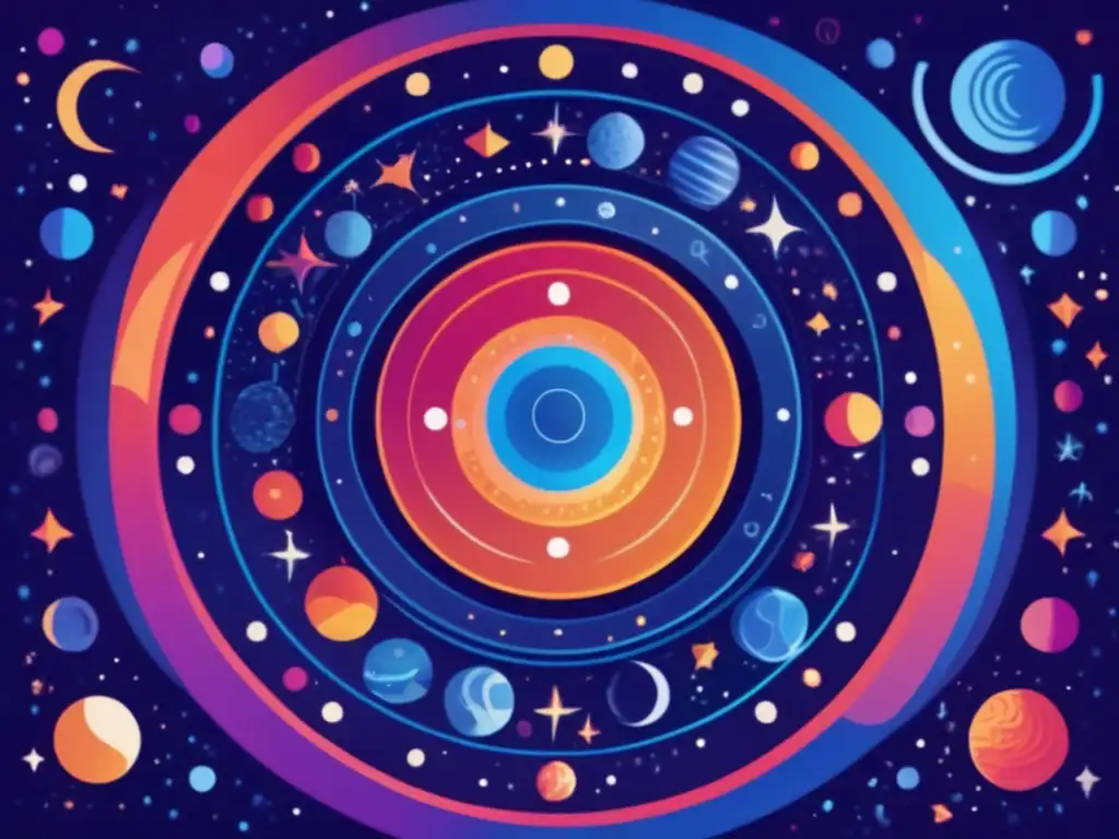 The mesmerizing image captures the essence of the ancestor myths of different cultures, conveyed through the hypnotic rotation of circular symbols around an asteroid hovering over the earth