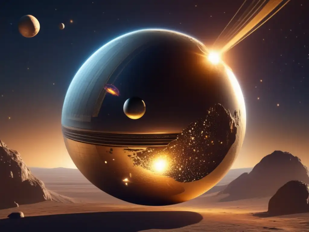 A glowing sphere, Asteroid Anchises at the forefront of space exploration, shimmers with intricate machinery and holographic displays