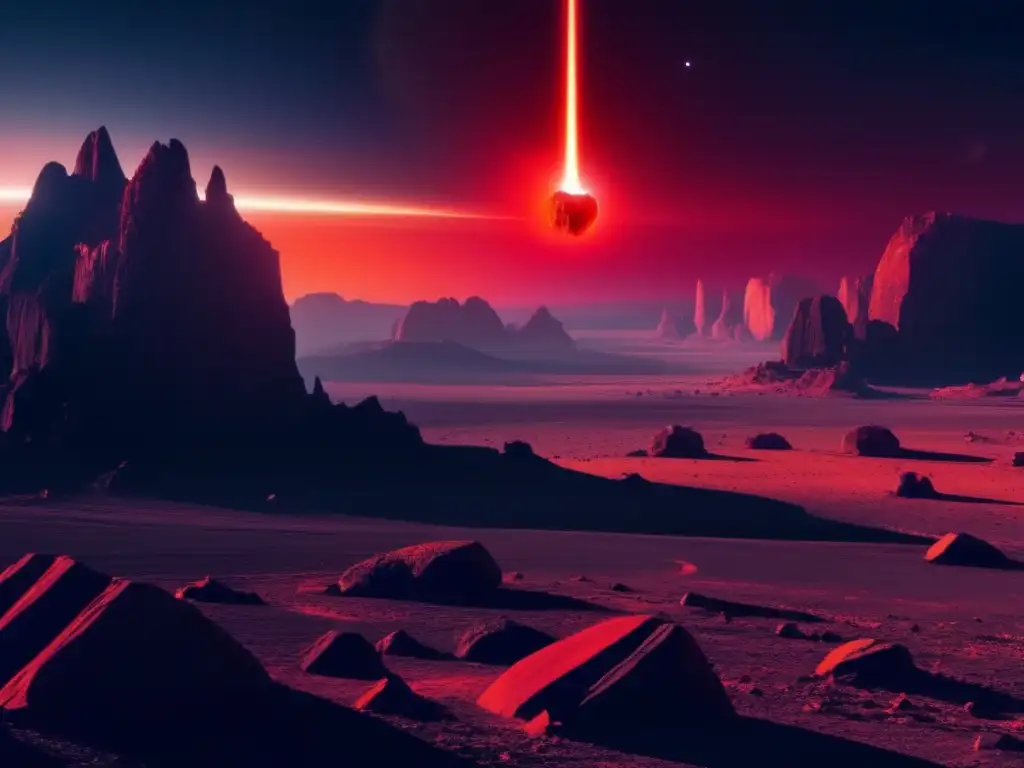 Antenor, glowing red asteroid, looms in the distance - awe-inspiring with jagged rock formations and a dramatic scene lit by a nearby star