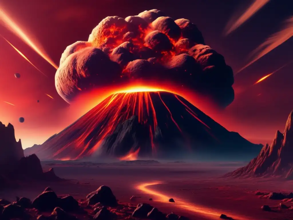 An awe-inspiring depiction of a colossal asteroid, 10 kilometers wide, barreling towards a prehistoric world brimming with gigantic creatures
