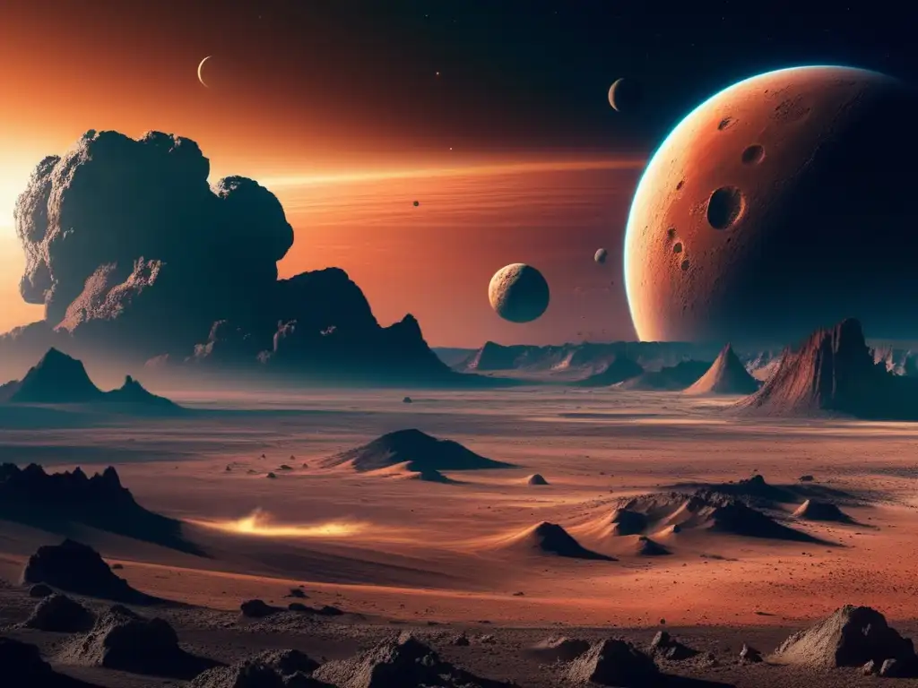 Haunting view of a barren planet, ravaged by catastrophic asteroid impacts, unveiling jagged craters, extreme heat, and smoke plumes