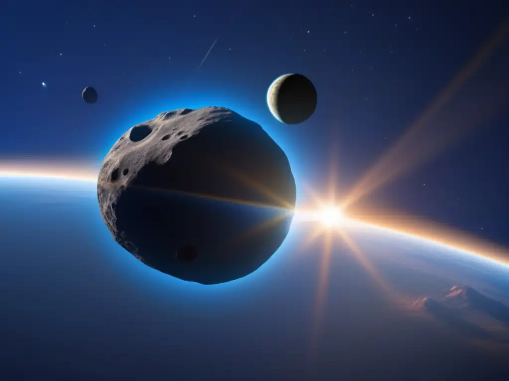 A stunning photorealistic view of asteroid Apophis, cut off by a manmade path, orbits around the sun in an elliptical path
