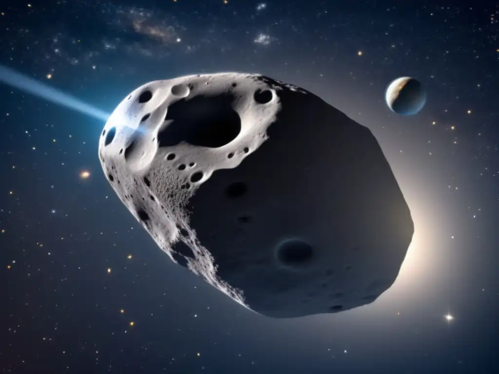 A tense and suspenseful image of asteroid VK184 or Apophis, hovering in front of a vast expanse of outer space, its textured surface creating a realistic appearance