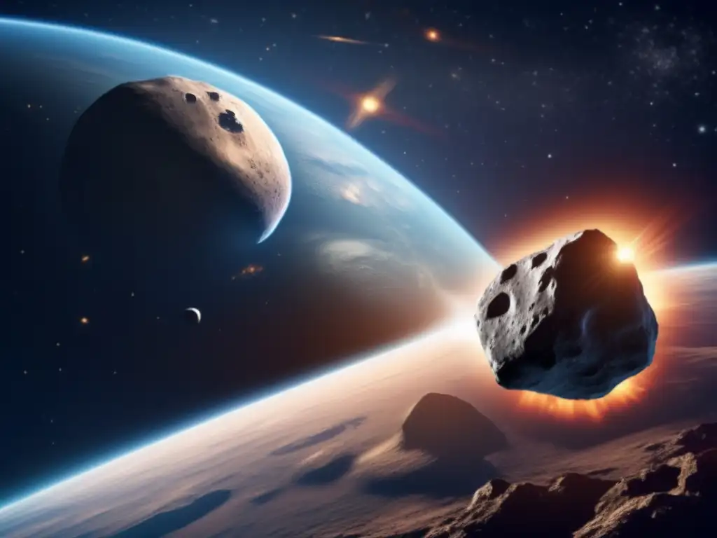 A stunning photorealistic illustration of an asteroid hurtling towards Earth, its surface shown in stunning detail with distinguishing features