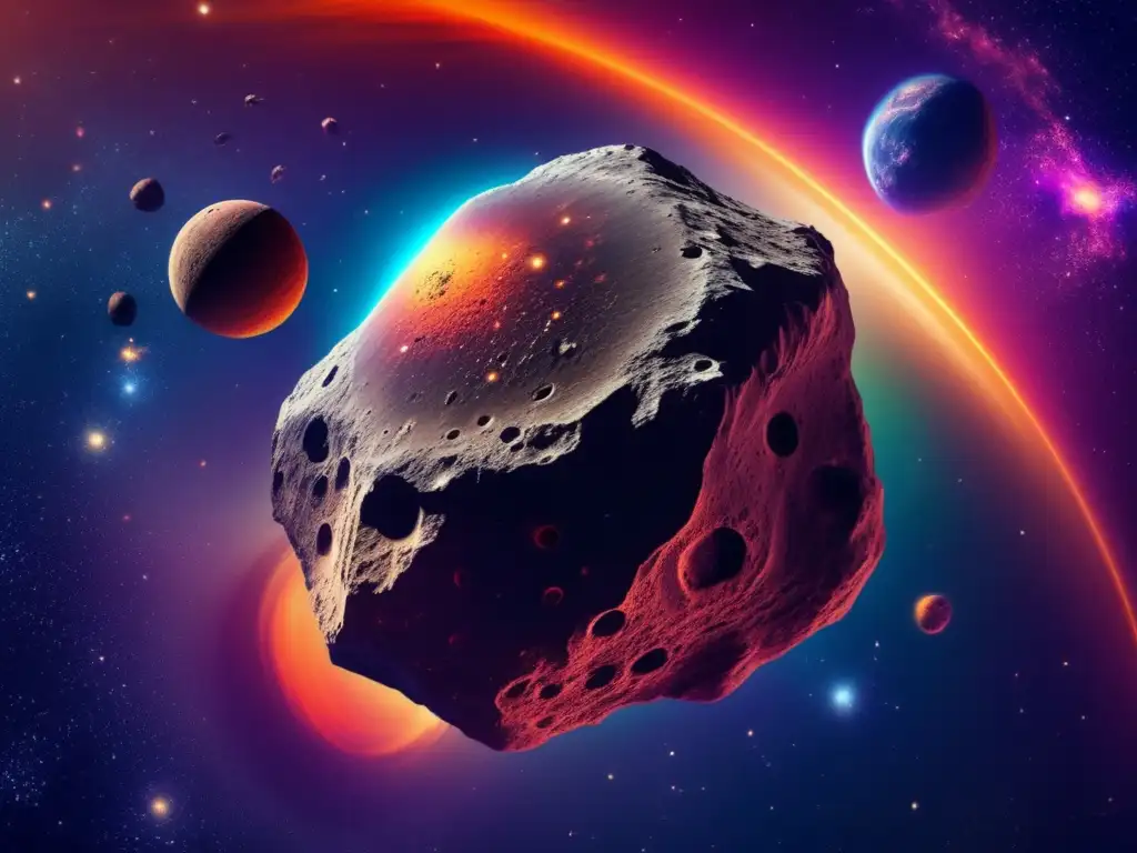 An ultrarealistic depiction of an asteroid's complex geology, surrounded by a vibrant nebula of azure, emerald, and lavender gases and particles