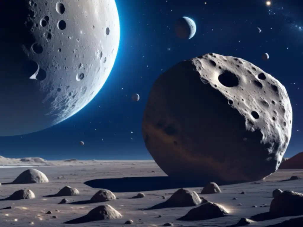Dash: An incredible, photorealistic image of a telescope pointing to a vast, blue cosmic space with a large asteroid in the foreground, revealing its intricate surface features, including pits, ridges, and craters