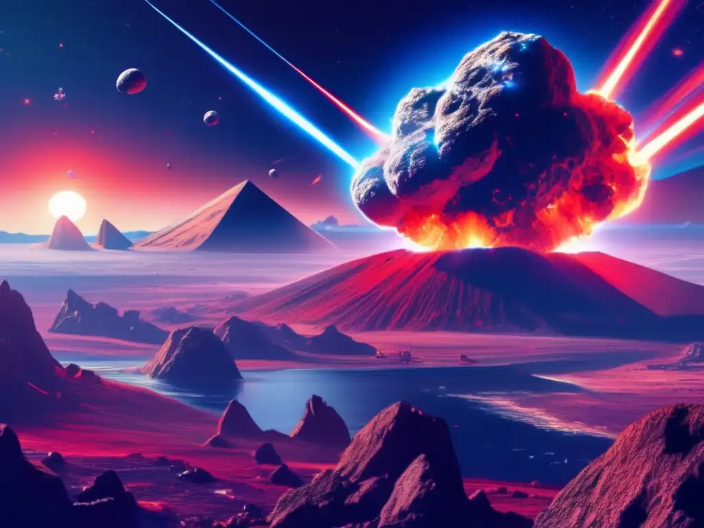 A colossal asteroid looms over a fiercely battled Earth, with a fleet of bravely defending spacecraft circling and firing at it simultaneously