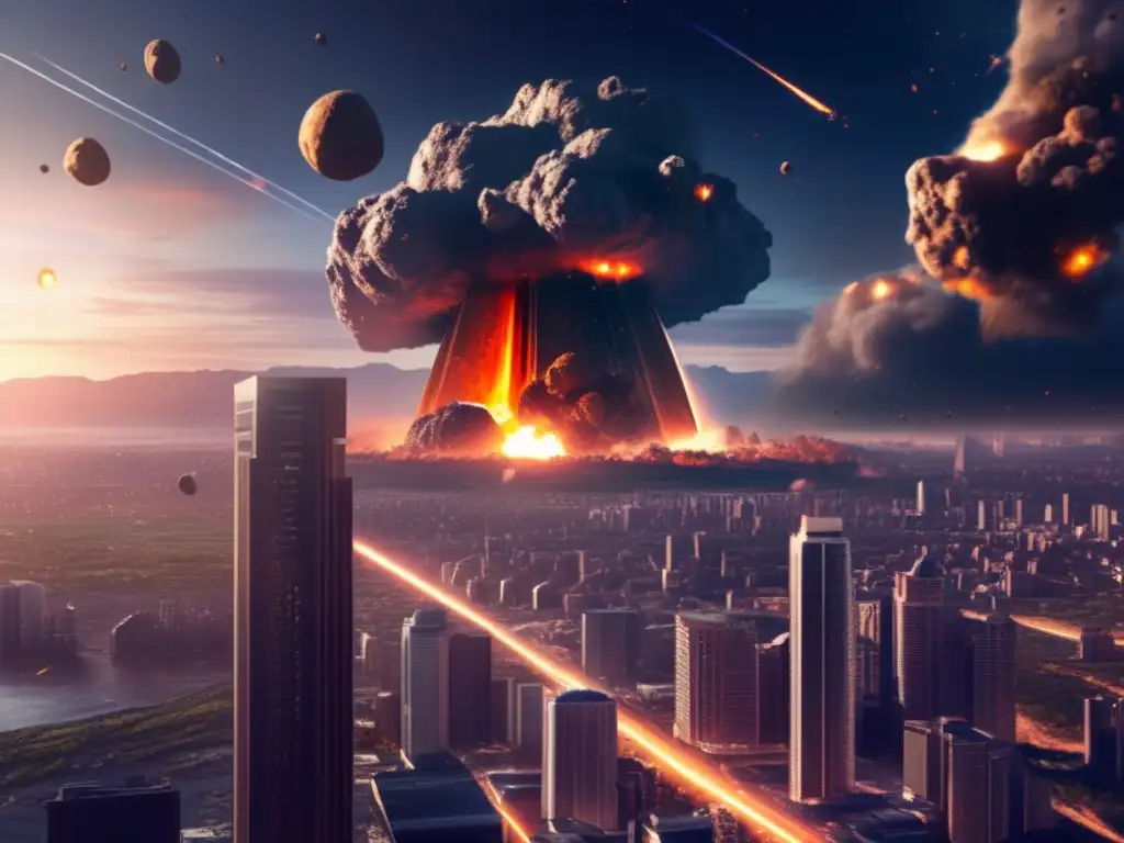 A photorealistic image of a massive asteroid, 800 meters in diameter, hurtling towards a city with buildings surrounding it
