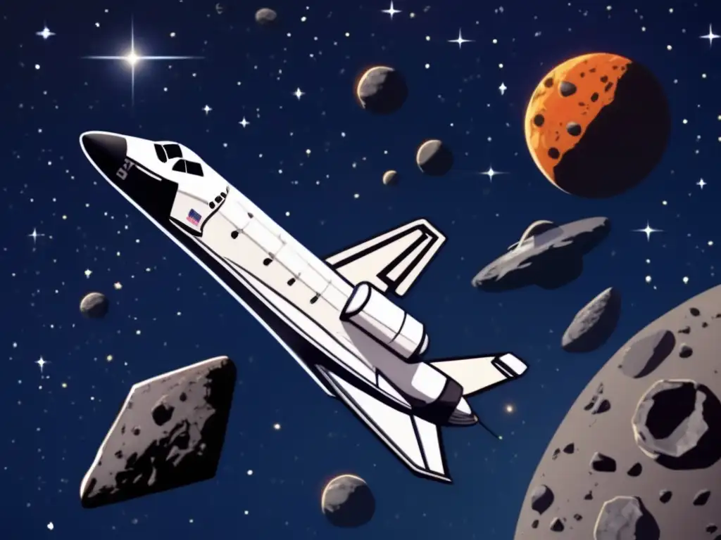The highly detailed image captures a space shuttle expertly maneuvering around three asteroids in close proximity