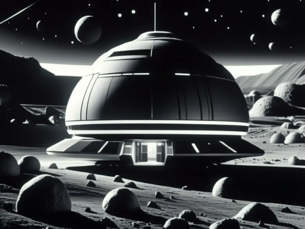 A 'Space Odyssey' meets 'Blade Runner' fusion, this photorealistic image portrays a towering, rotating Asteroid Base