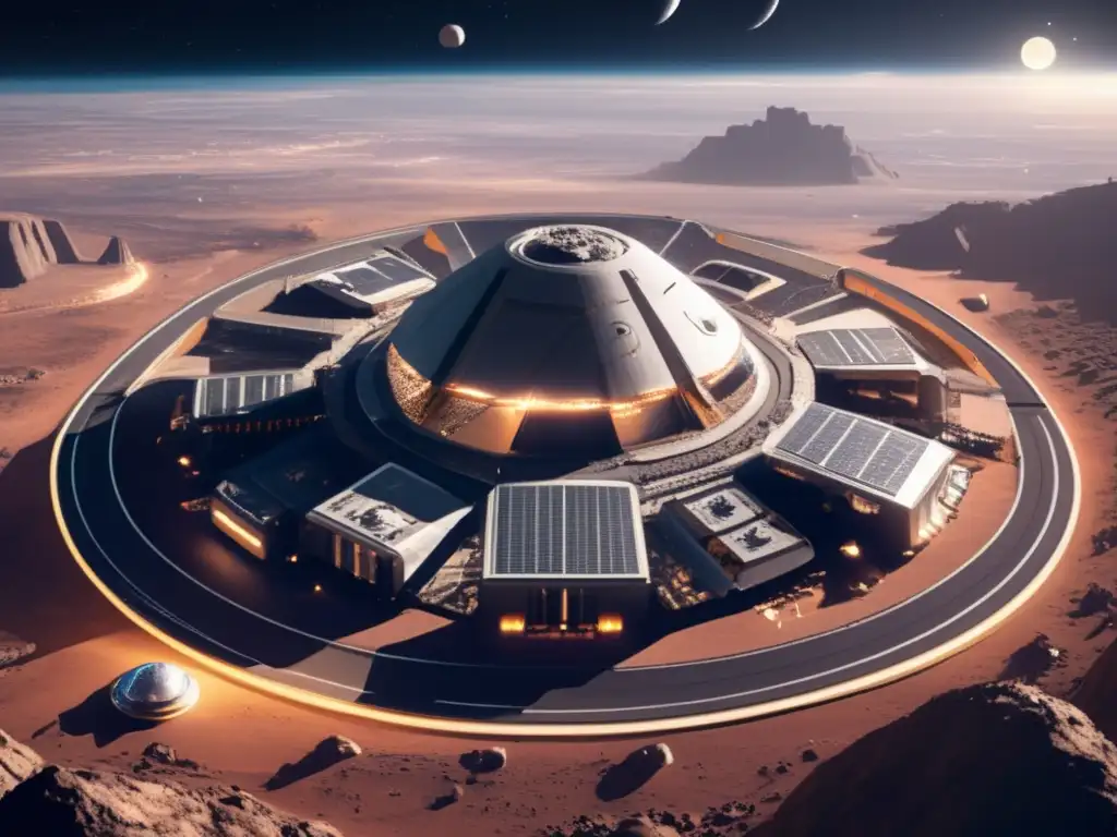 A stunning aerial shot of the asteroid base, characterized by its intricate design and vast landscape