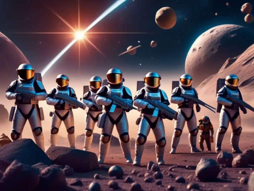 Astro Stands Ready: Asteroid Defense Showdown Anastasia (Astro) stands tall in the center of an asteroid belt, ready to defend this cosmic territory with her spacesuited allies and state-of-the-art weapons, against invaders seeking to take control of the valuable resources within