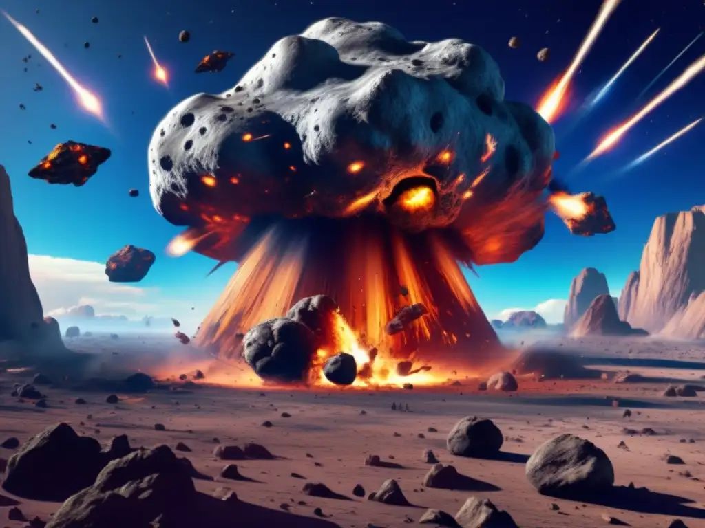 A tense photorealistic image of an asteroid, scowling down on spacecraft in an intense battle