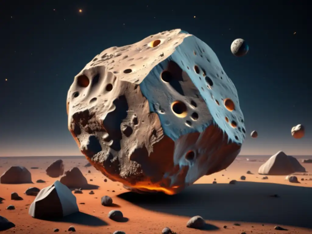 A photorealistic 3D representation of asteroid Bellerophon, with a close-up view of its rugged surface
