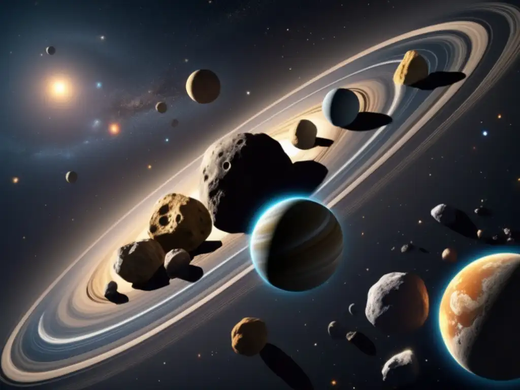 A photorealistic image of the asteroid belt in space, with varied asteroids of different shapes and sizes following a definite pattern